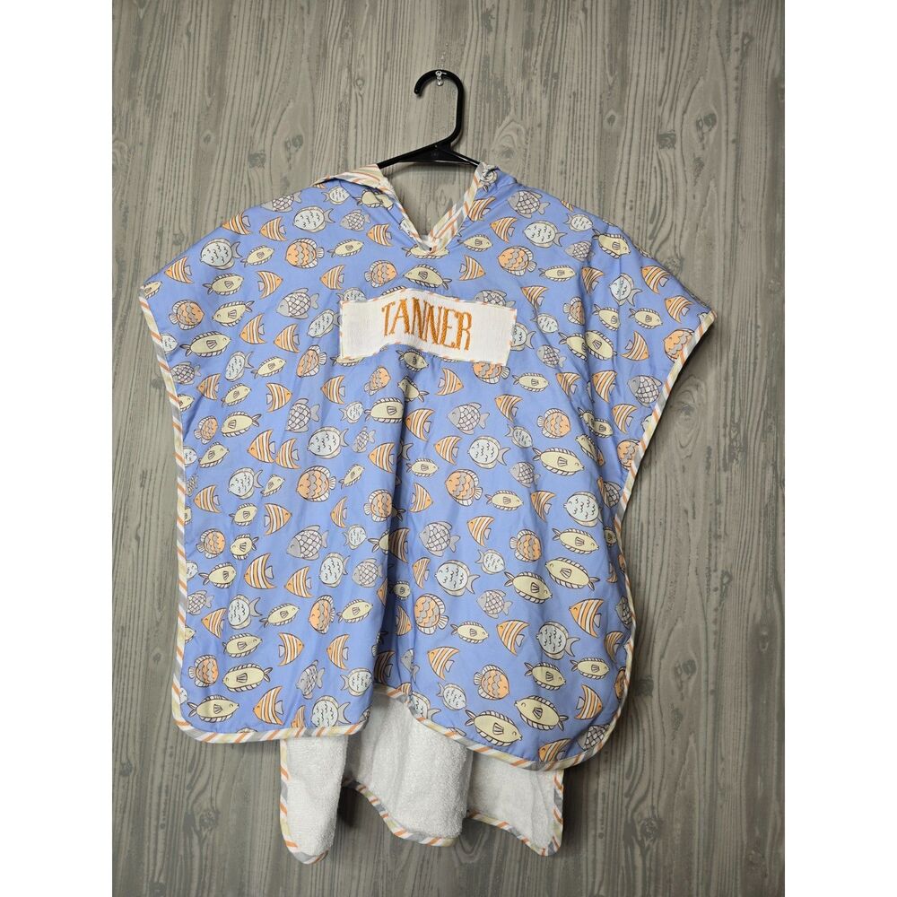 Tanner Smocked Hooded Swim Cover Up Youth 4–10T Blue Fish Print Beach‎ Pool